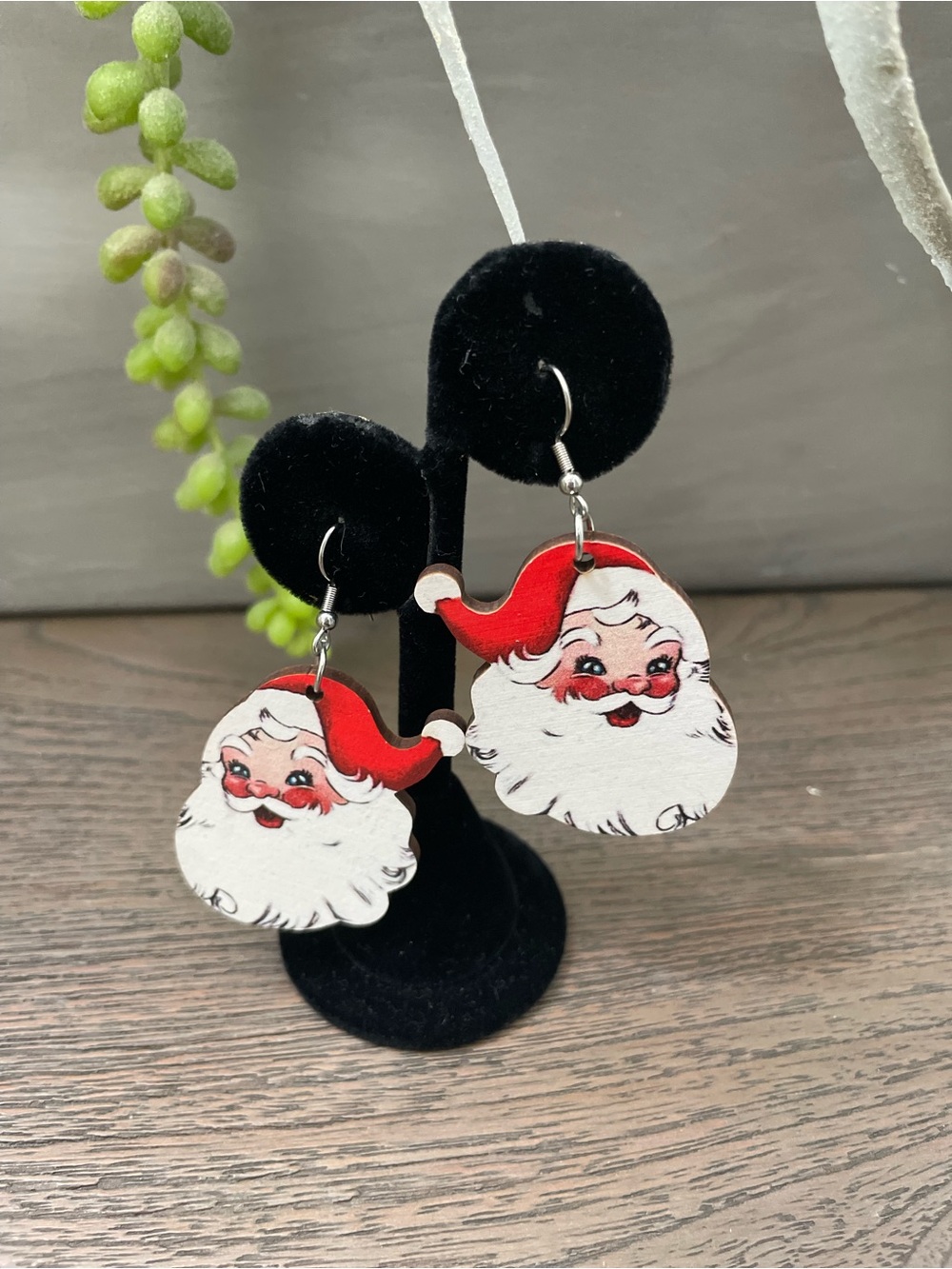 Santa Face Wood Dangle Earrings -